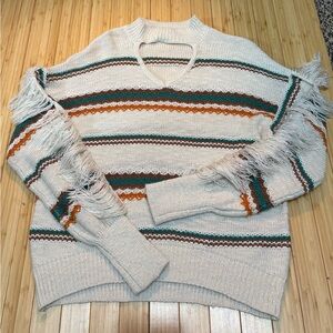 Fringe accent mock neck sweater. Size M. Beige,teal,orange,brown.